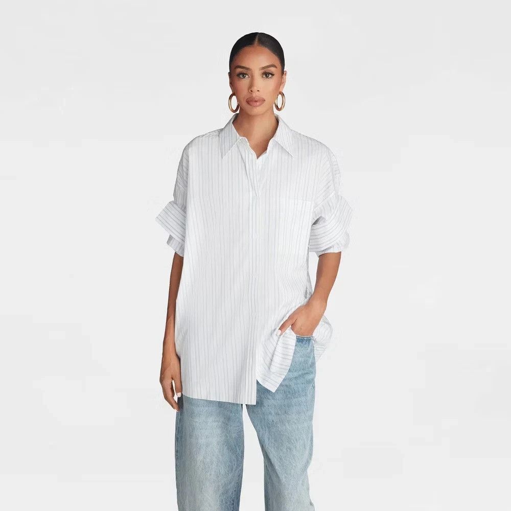 KBB by KAHLANA Women's Short Sleeve Button-Down 'The Tucked Sleeve Shirt'  XS